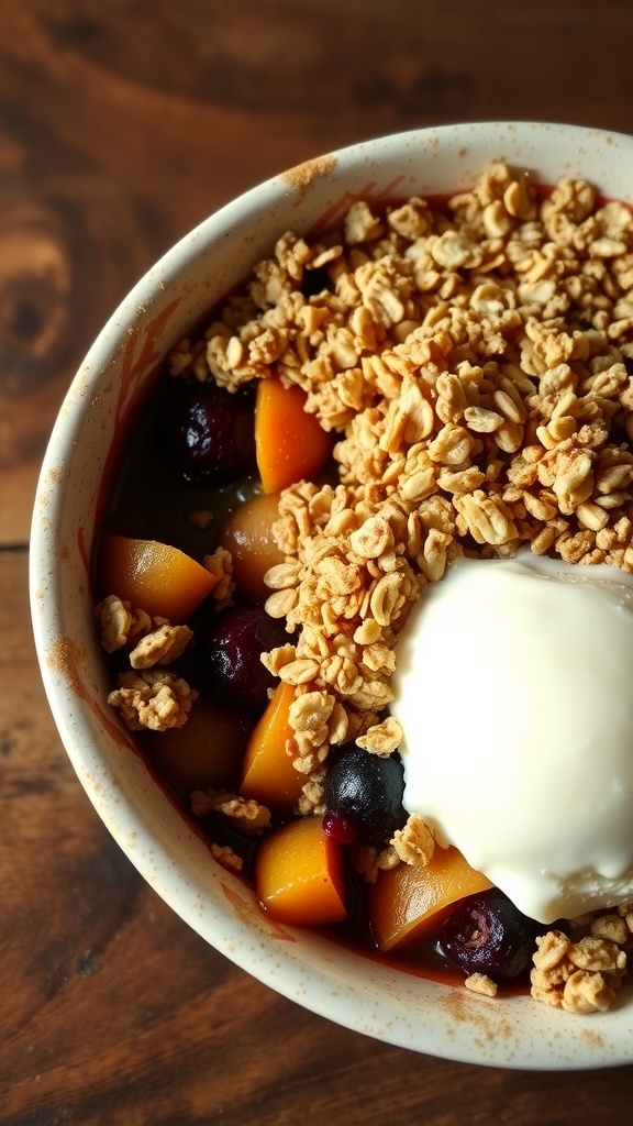 Crispy oat topping on a fruit crisp with apples and berries, served with melting vanilla ice cream.